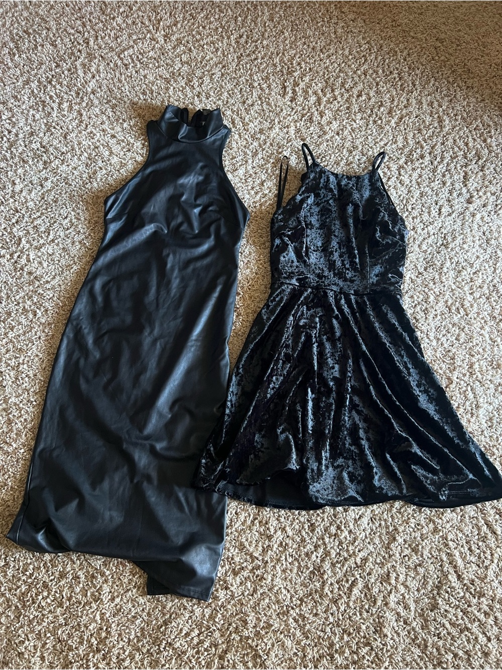 Black Faux-Leather Maxi & Black Velvet Spaghetti-Strap Dress Set